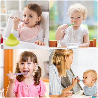 Collage of children brushing their teeth with parents assisting.