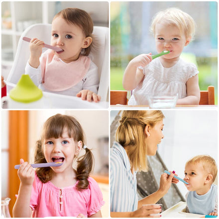 Collage of children brushing their teeth with parents assisting.