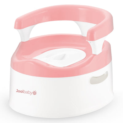 White and pink baby potty seat with 'Joolbaby' branding on a white background