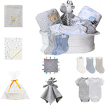 CREVENT Baby Welcome Gift Set Storage Basket with 2 Blankets+ 1 Security Blanket + 1 Taggie + 1 Gift Bag with Ribbon (Ivory)
