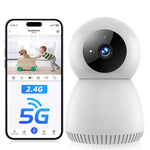 Smart home security camera with smartphone app interface showing a child and dog.