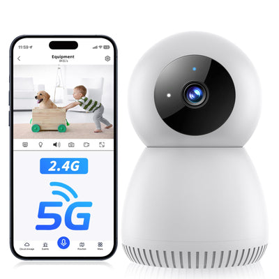 Smart home security camera with smartphone app interface showing a child and dog.