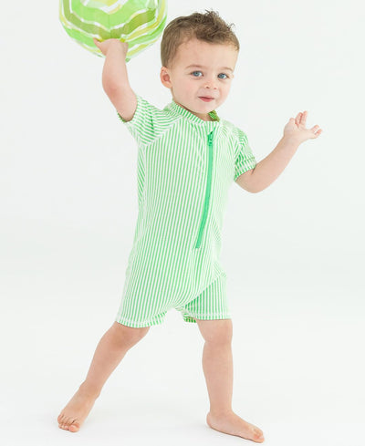 RUGGEDBUTTS Spring Green Seersucker Short Sleeve One Piece Rash Guard - 3-6m