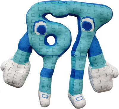 Plush toy shaped like a blue letter 'R' with pixelated design on a white background