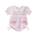 Lamuusaa Newborn Baby Girl Clothes Smocked Peter Pan Bubble Romper Turtle Embroidery Stripe Bodysuit Infant Summer Outfit (Pink, 0-3 Months)