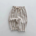 Baby Boys Striped Pants Toddler Girls Baggy Sweatpants Cute Barrel Joggers Cotton Breathable Lightweight Trousers Summer Elastic Waist Bottoms with Drawstring,Beige, Size 3-6 Months