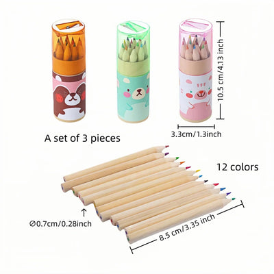3-Pack Mini Portable Colored Pencils Set – 12 Colors Each (36 Total) with Built-In Sharpener, 3.35” Miniature Art Pencils in Portable Tubes- Ideal for School, Classrooms & On-The-Go Creativity