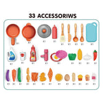 R REVA Cooking Kitchen Set Toy - 33PCS Mini Kitchen Playset for Kids with Water Spray, Light & Sound Effects - Toddler Pretend Play Appliances, Sink & Miniature Food, Educational Gift for Girls & Boys
