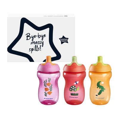 Tommee Tippee Sportee Bottle, Sippy Cup for Toddlers, 12 months+, 10oz, Spill-Proof, Bite Resistant Spout, Easy to Hold Design, Pack of 3, Pink, Red and Orange