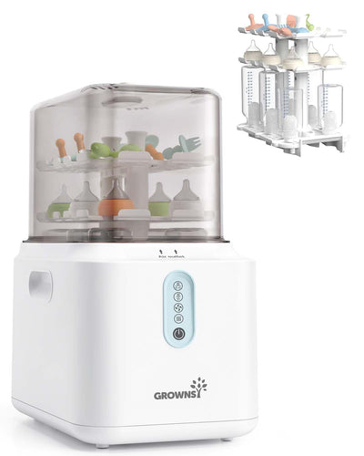 White baby bottle sterilizer with Growsi branding on a white background