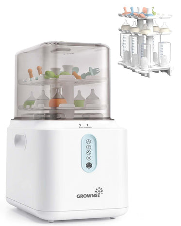 White baby bottle sterilizer with Growsi branding on a white background