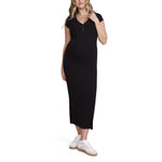Motherhood Maternity Women's Short Sleeve V-Neck Henley Rib Knit Bodycon Maxi Pregnancy Dress, Black, Small