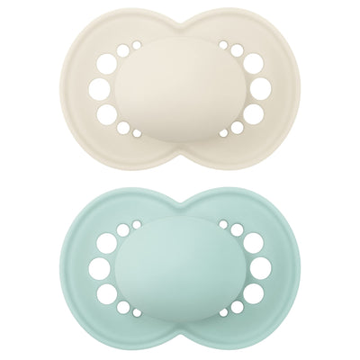 Two baby pacifiers, one beige and one light blue, on a white background.