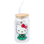 Silver Buffalo Sanrio Hello Kitty in Christmas Tree Holiday Dress Glass Jar Tumbler with Bamboo Lid and Glass Straw, 16 Ounces