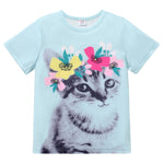 PATPAT Girls Shirts Size 11-12 Blue Cat Print Graphic Tees, Girls Clothes Size 10 12, Crew Neck Short Sleeve Blue Tops Children Clothes Going Out Outfit Preppy Tops