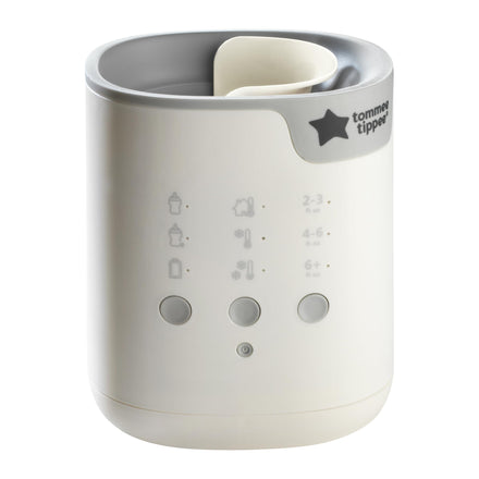 White and gray electronic device with buttons and a brand logo on a white background