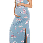 Smallshow Women's Split Long Maternity Dress Sleeveness Ruched Pregnancy Clothes Large Floral Blue