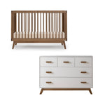 dadada Soho Baby Nursery Furniture Set. Baby Crib and Dresser Set Combo. Soho 3-in-1 Convertible Crib and Matching 5 Drawer Dresser. Walnut Beechwood