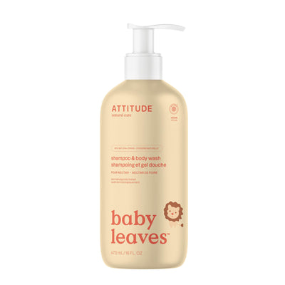 Shampoo and body wash bottle labeled 'baby leaves' by Attitude on a white background