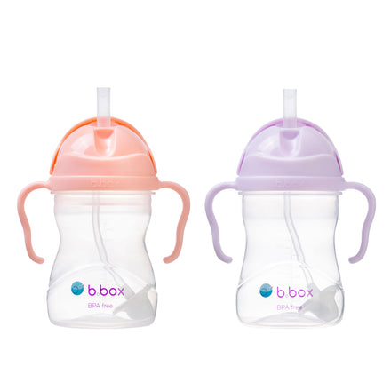 Two sippy cups with handles and straws, one pink and one purple, on a white background.