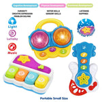 Portable Set of 3 Baby Music Toys (Piano, Bongo Drums, Guitar) - Music Learning and Entertainment for Ages 6 Months to 4 Years. Includes All 6 Batteries. Press Any Key Auto On for Babies.