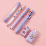MOZXIRZ 6 Pcs Cute Pink Stationery Set Kawaii School Supplies Office Supplies Women Girls Stationery Kit Including Ballpoint Pens Pencil Highlighter Correction Tape Ruler Eraser (Purple)