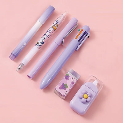 MOZXIRZ 6 Pcs Cute Pink Stationery Set Kawaii School Supplies Office Supplies Women Girls Stationery Kit Including Ballpoint Pens Pencil Highlighter Correction Tape Ruler Eraser (Purple)