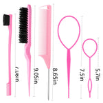 ZVOREI 8Pcs Hair Brushes Set with 4Pcs Topsy Hair Tail Tools 1Pcs Bristle Teasing Hair Brush 1Pcs Edge Control Brush 2Pcs Metal Pin Rat Tail Combs for Woman Girl Styling,Edge&Back Brushing Pink
