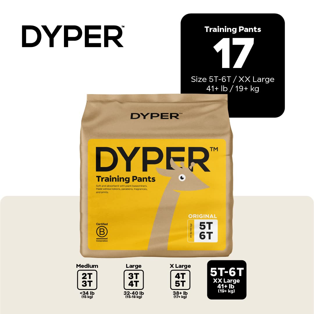 DYPER Toddler Training Pants 5T-6T for Boys & Girls Hypoallergenic,Unscented, Plant-Based & Perfect for Sensitive Skin, Leakproof Potty Training Pants for Day & Overnight Protection (17 Count)