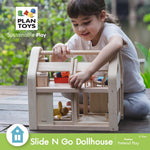 PlanToys Slide and Go Dollhouse - Chemical-Free Wooden Toy Featuring 3 Units with 20 Furniture Pieces