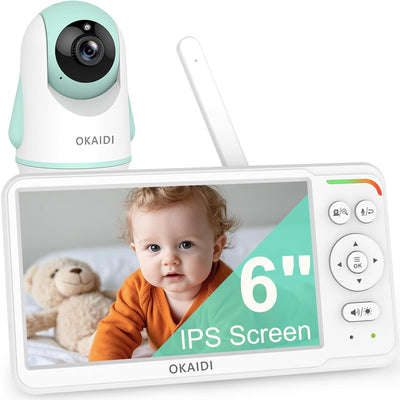 OKAIDI baby monitor with camera and display showing a baby, on a white background