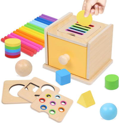 Wooden educational toy with colorful shapes and a hand placing a yellow circle into a slot.