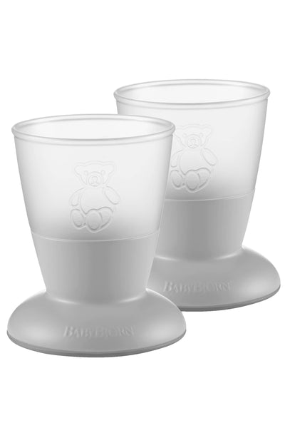 Two gray silicone cups with a logo on a white background
