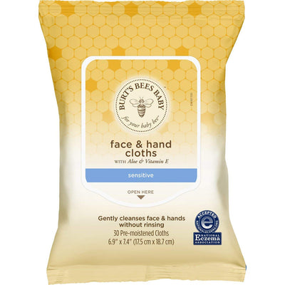 Pack of Burt's Bees Baby face and hand cloths with honeycomb design on packaging.