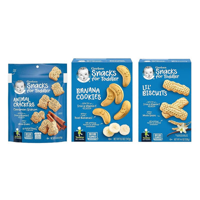 Three boxes of Gerber snacks for toddlers on a white background