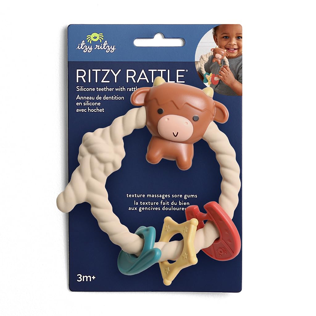 Itzy Ritzy Silicone Teether with Rattle; Rattle Teether Features Rattle Sound, Three Silicone Teething Rings and Raised Texture to Soothe Gums; Ages 3 Months and Up (Highland Cow)