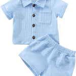 Baby Boys Clothes Set Toddler Infant Boys Button-down Shirt Tops + Cotton Gauze Shorts Summer Outfit 2PCS with Pockets