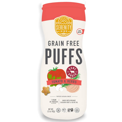 Serenity Kids grain free puffs container with tomato and herbs flavor on a white background