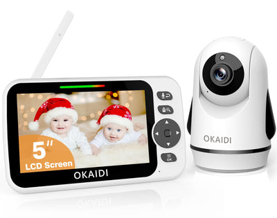 OKAIDI baby monitor with 5-inch LCD screen and camera on a white background