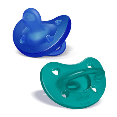 Two blue and green baby pacifiers on a white background