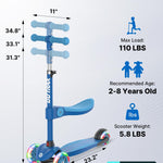 Gotrax KS3 Kids Kick Scooter, LED Lighted Wheels, Adjustable Height Handlebars and Removable Seat, Lean-to-Steer & Widen Anti-Slip Deck, 3 Wheel Scooter for Kids Ages 2-8 and up to 100 Lbs (Blue)