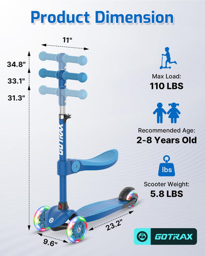 Gotrax KS3 Kids Kick Scooter, LED Lighted Wheels, Adjustable Height Handlebars and Removable Seat, Lean-to-Steer & Widen Anti-Slip Deck, 3 Wheel Scooter for Kids Ages 2-8 and up to 100 Lbs (Blue)