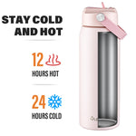 Oldley 24oz Insulated Water Bottle with Straw, Stainless Steel Water Bottle for Sports, Travel, School, BPA-Free Sports Bottles for Adult Kids, Leak-Proof, Pink