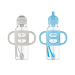 Two baby bottles with handles, one gray and one blue, on a white background.
