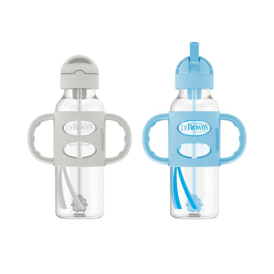 Two baby bottles with handles, one gray and one blue, on a white background.