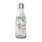 White water bottle with sloth design and 'love planet' text on a white background