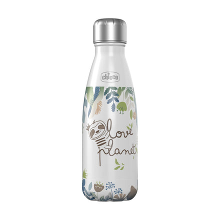 White water bottle with sloth design and 'love planet' text on a white background