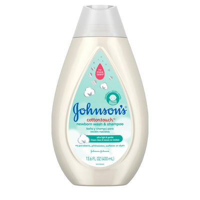 Johnson's Cottontouch newborn wash & shampoo bottle on a white background