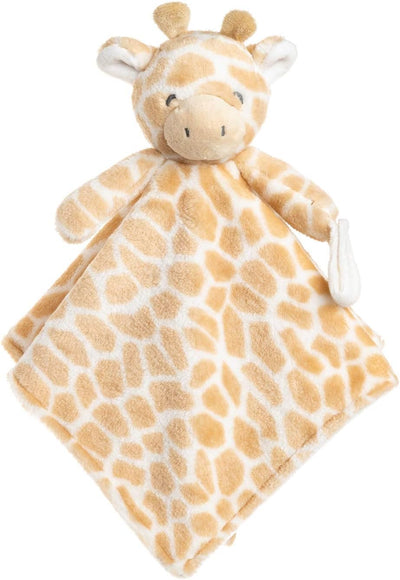 Giraffe-shaped plush toy with a blanket on a white background