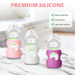 3 Pack Silicone Sleeve for Dr. Brown Wide-Neck Bottle 5 oz, Anti Breakage Bottle Holder for Baby with Tree-Shaped Cutout Design-BPA Free(White+Pink+Purple)